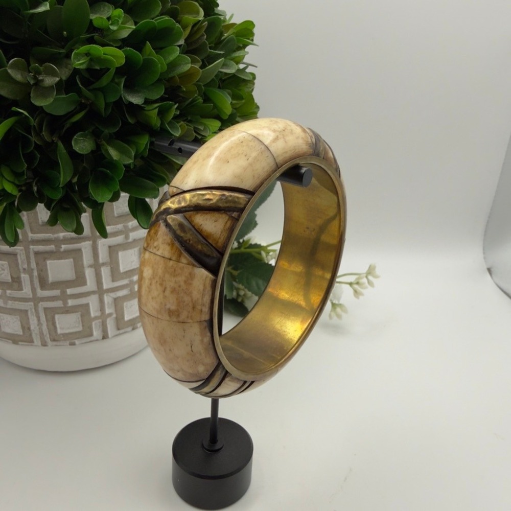 Vintage Cream Bangle Bracelet Chunky Brass Tone Boho Artisan Statement